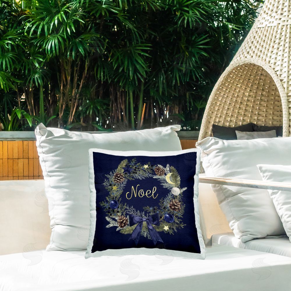 Victoria Barnes Noel Holiday Wreath Outdoor Quick-Dry Polyester Printed Throw Pillow in Back Yard
