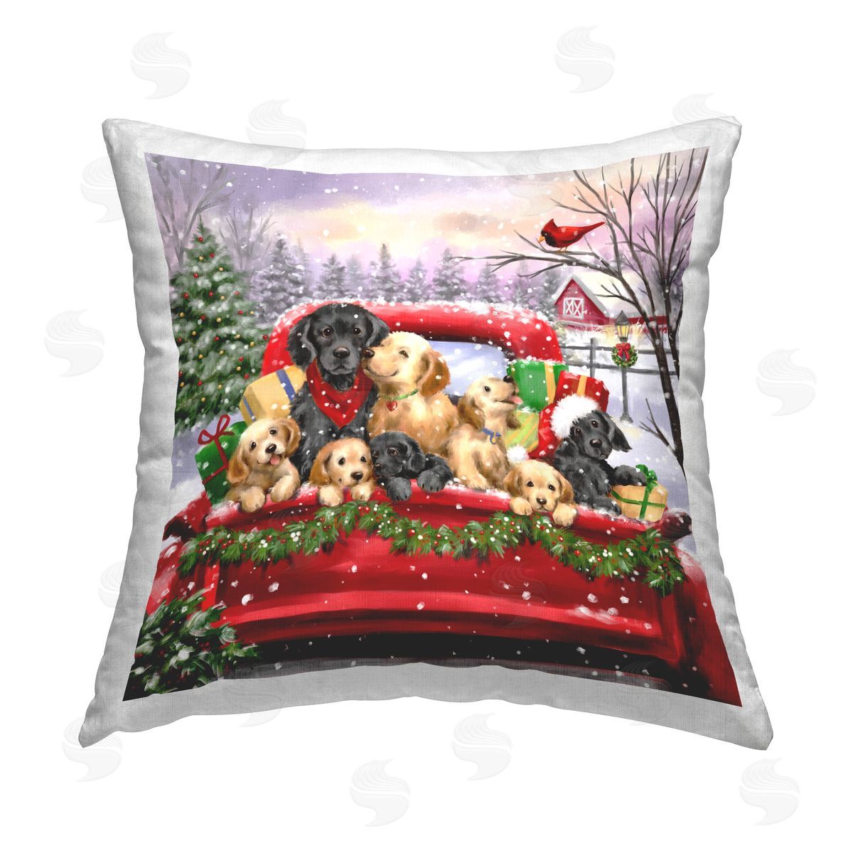 Jean Francois Snowy Christmas Puppies Printed Plush Polyester Throw Pillow