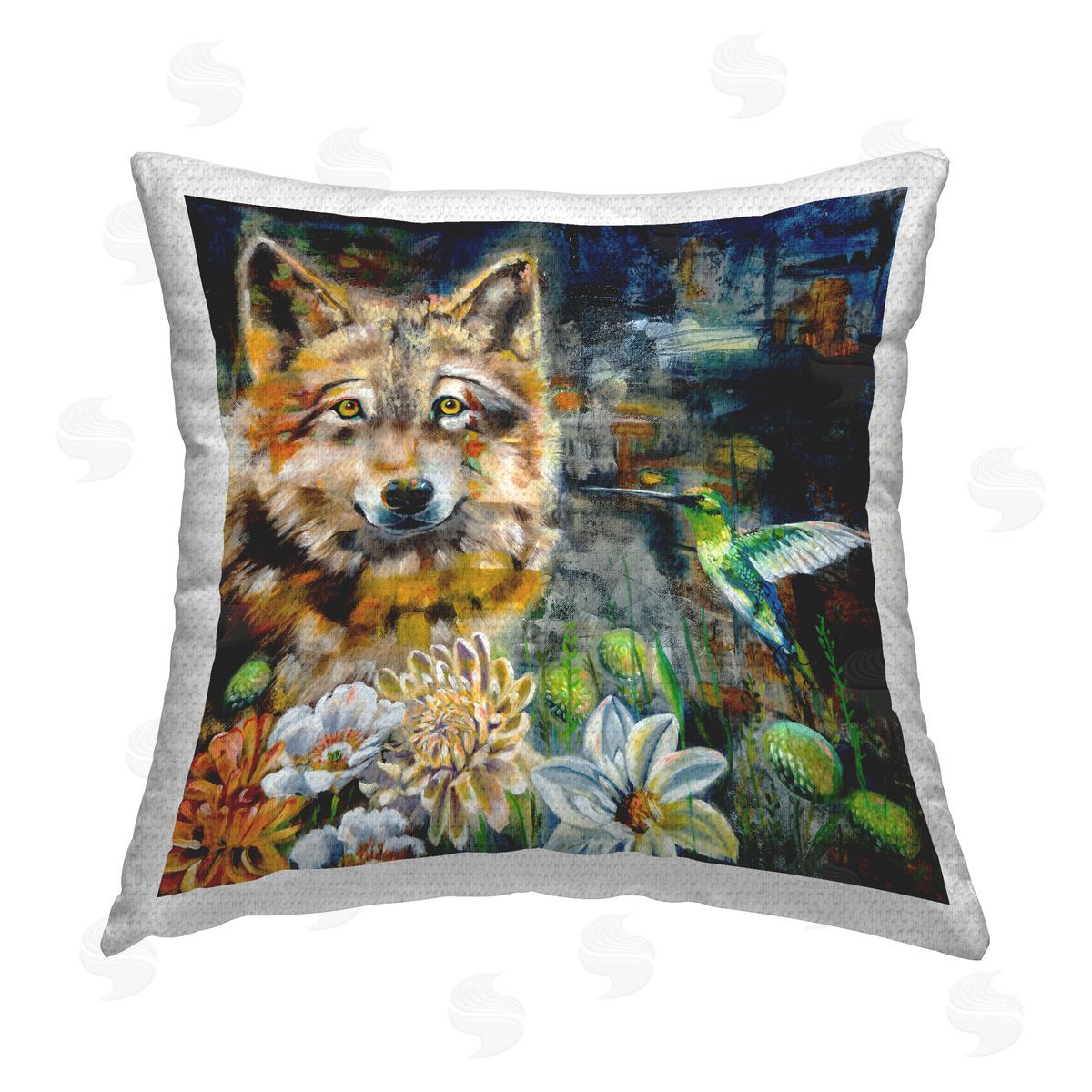 Linda McClure Beautiful Wolf & Hummingbird Outdoor Quick-Dry Polyester Printed Throw Pillow