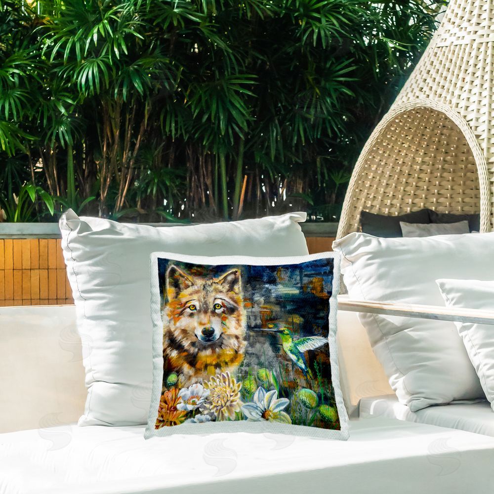 Linda McClure Beautiful Wolf & Hummingbird Outdoor Quick-Dry Polyester Printed Throw Pillow in Back Yard
