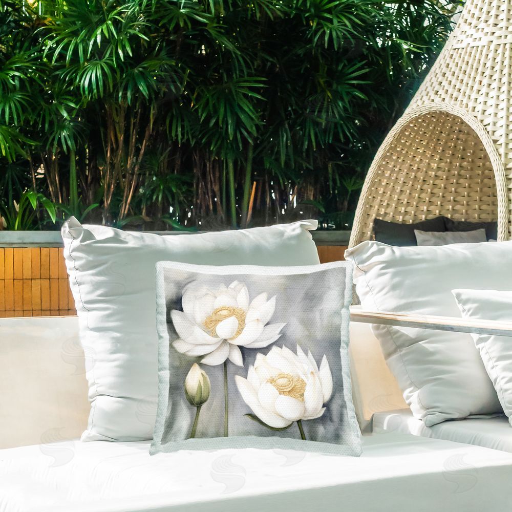 Kim Allen White Lotuses on Grey Outdoor Quick-Dry Polyester Printed Throw Pillow in Back Yard