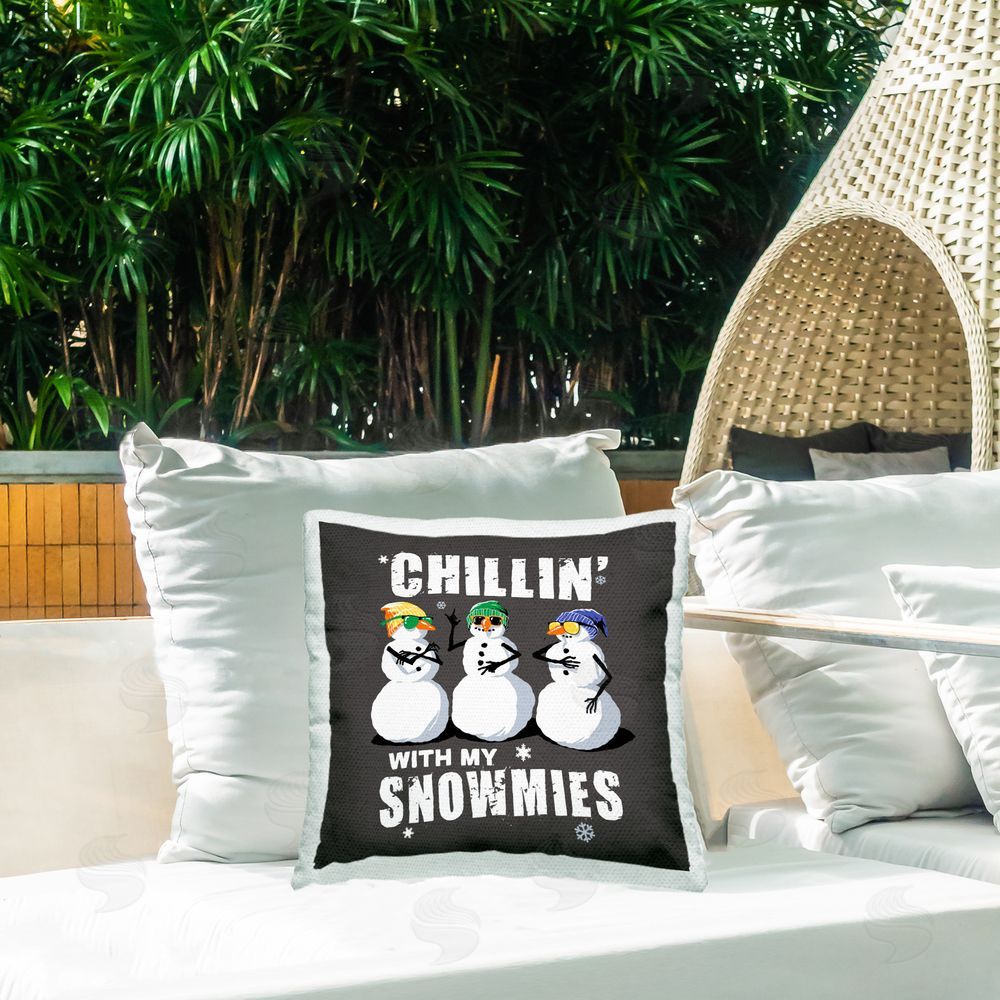 Jedco Brands Inc. Chillin' With Snowmies Snowmen Outdoor Quick-Dry Polyester Printed Throw Pillow in Back Yard