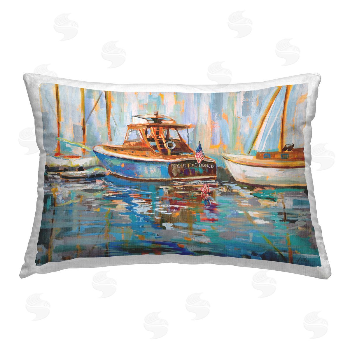 Jeanette Vertentes Old Fashioned Boat Harbor Printed Plush Polyester Throw Pillow