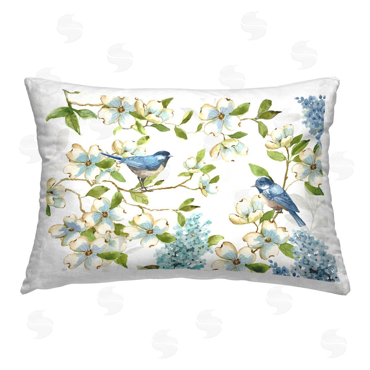Nan Dogwood & Bluebirds Printed Plush Polyester Throw Pillow