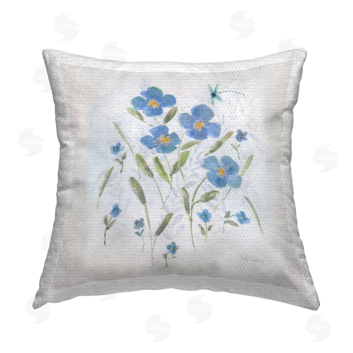 Sally Swatland Dragonfly & Blue Florals Outdoor Quick-Dry Polyester Printed Throw Pillow