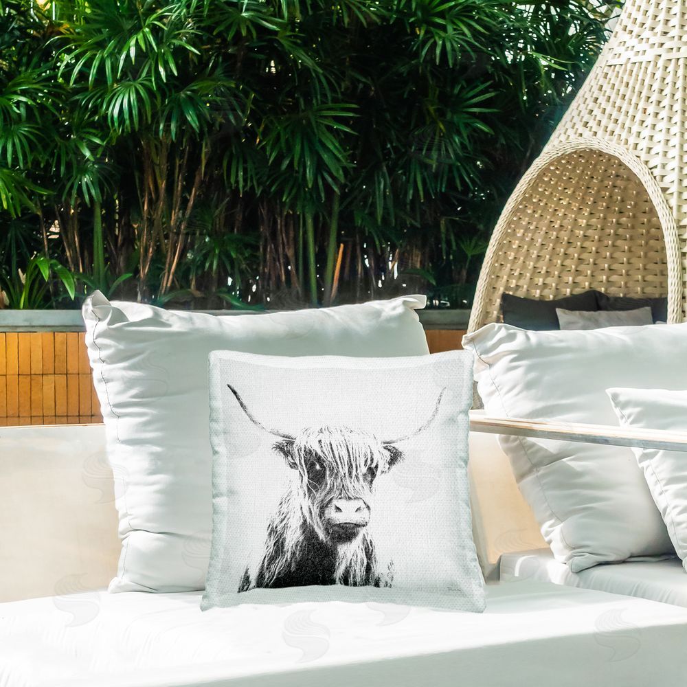 Katrina Craven Longhorn Sketch in Grey Outdoor Quick-Dry Polyester Printed Throw Pillow in Back Yard