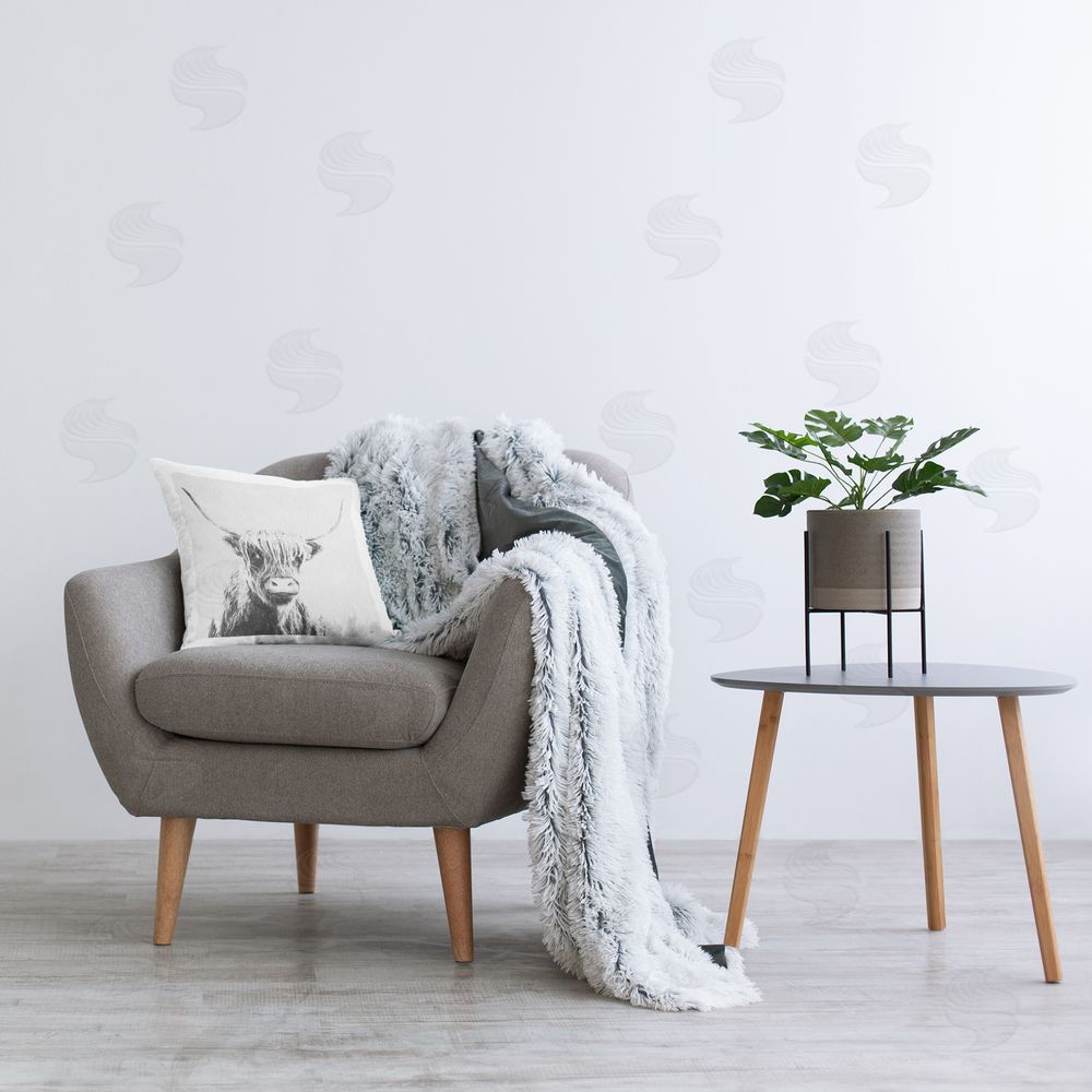 Katrina Craven Longhorn Sketch in Grey Printed Plush Polyester Throw Pillow On Chair