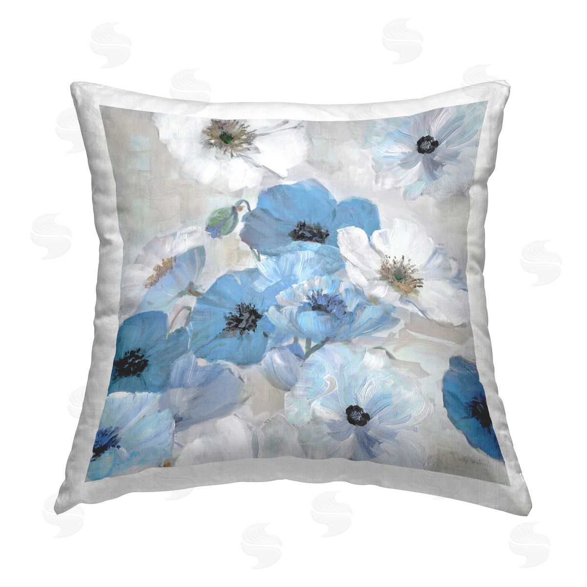 Sally Swatland Blue & White Flowers Printed Plush Polyester Throw Pillow