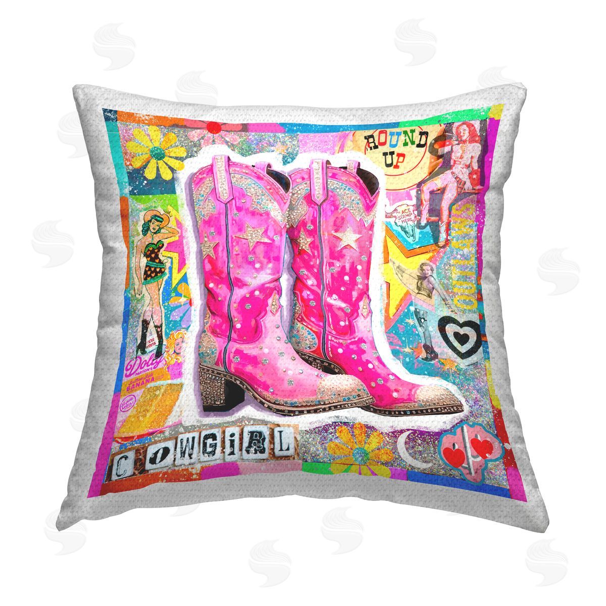 Jess Stempel Groovy Vintage Cowgirl Collage Outdoor Quick-Dry Polyester Printed Throw Pillow