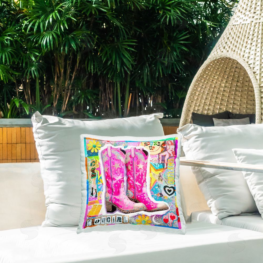 Jess Stempel Groovy Vintage Cowgirl Collage Outdoor Quick-Dry Polyester Printed Throw Pillow in Back Yard