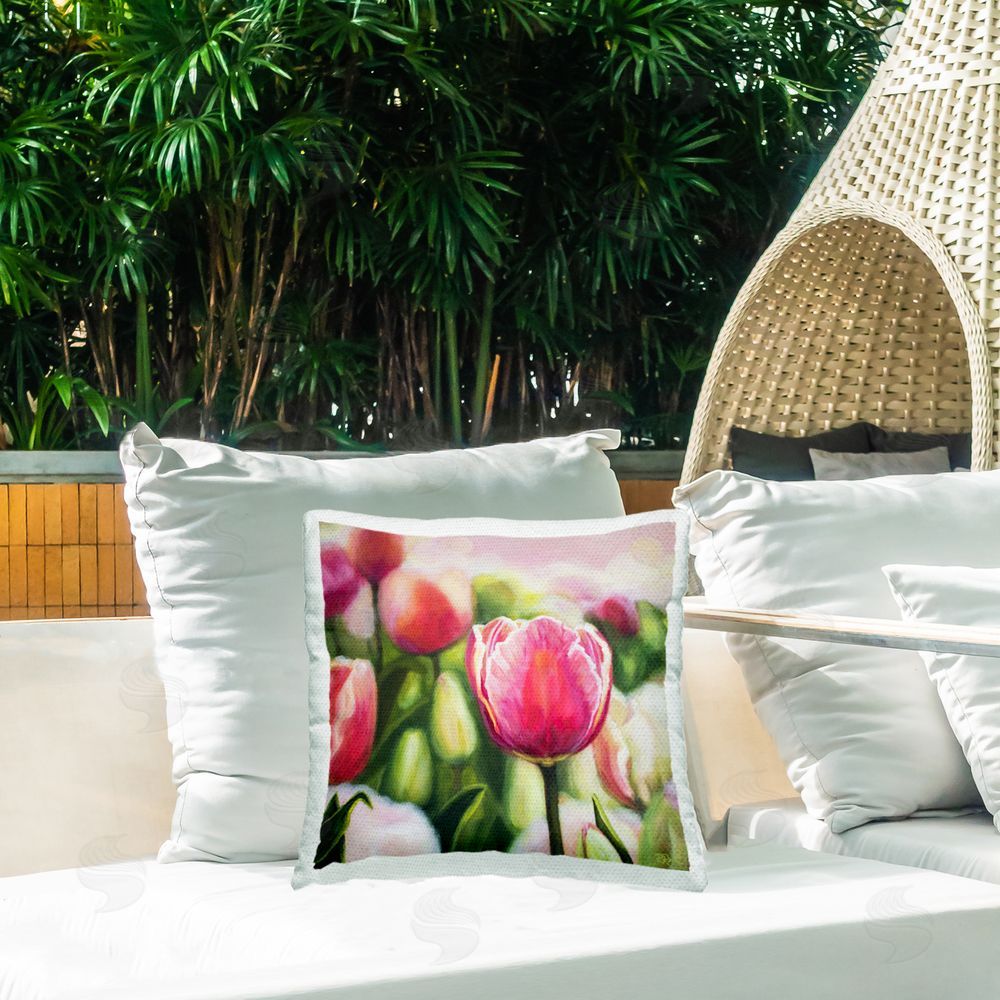 Raquel Roth Blooming Tulips Garden Outdoor Quick-Dry Polyester Printed Throw Pillow in Back Yard