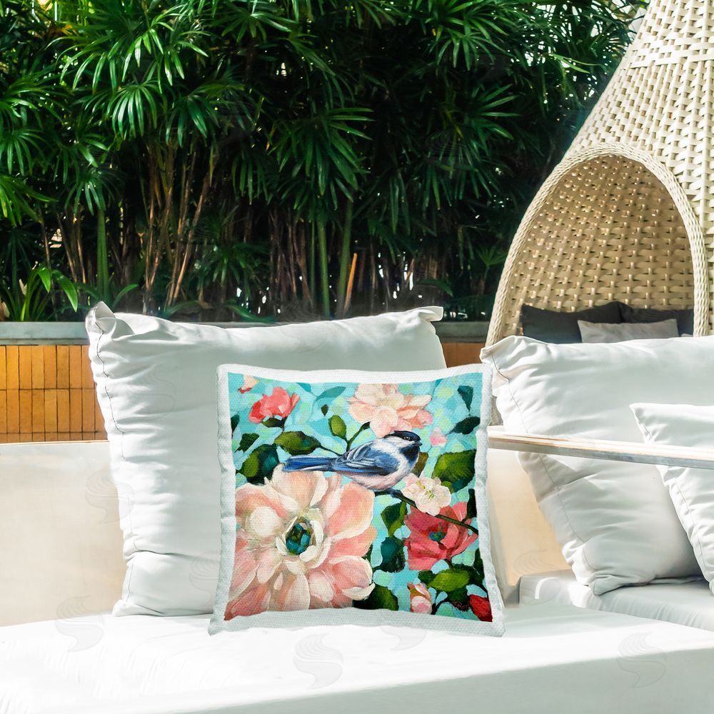 Raquel Roth Blue Bird & Bold Flowers Outdoor Quick-Dry Polyester Printed Throw Pillow in Back Yard