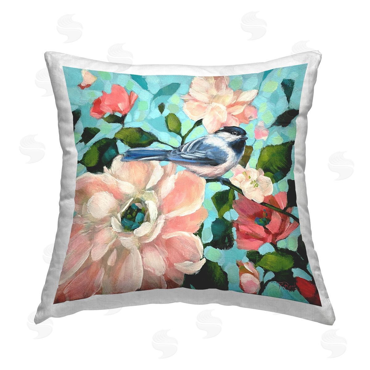 Raquel Roth Blue Bird & Bold Flowers Printed Plush Polyester Throw Pillow