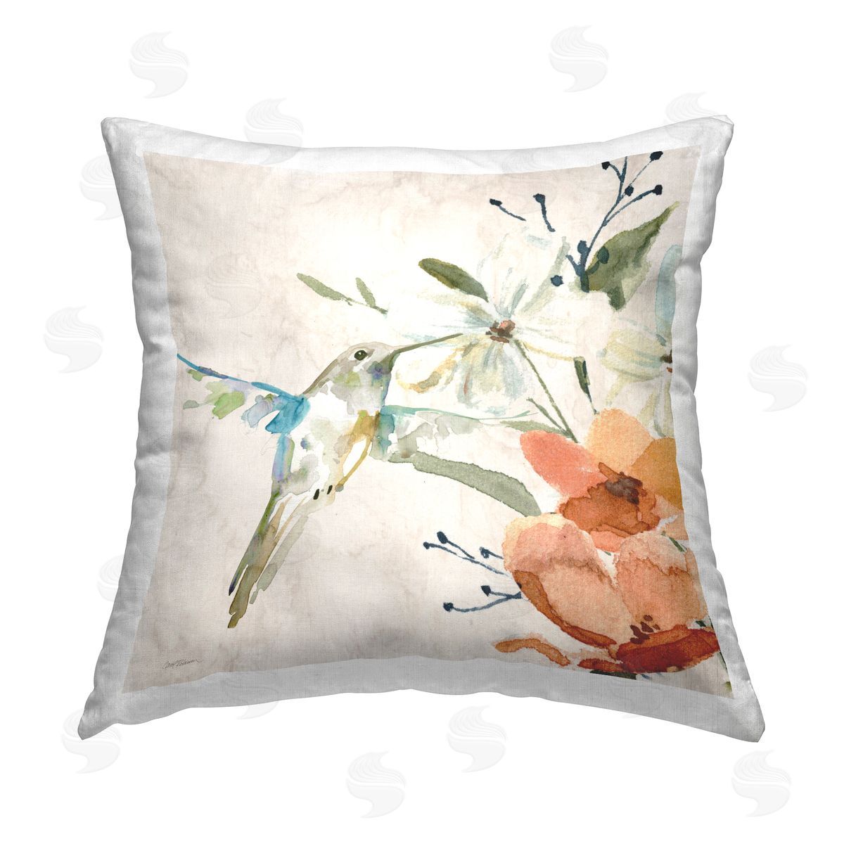 Carol Robinson Fluttering Bird & Flowers Printed Plush Polyester Throw Pillow
