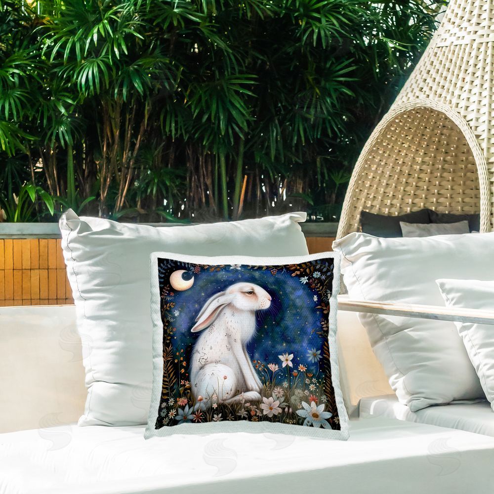 The Dutch Lady White Rabbit Forest Scene Outdoor Quick-Dry Polyester Printed Throw Pillow in Back Yard