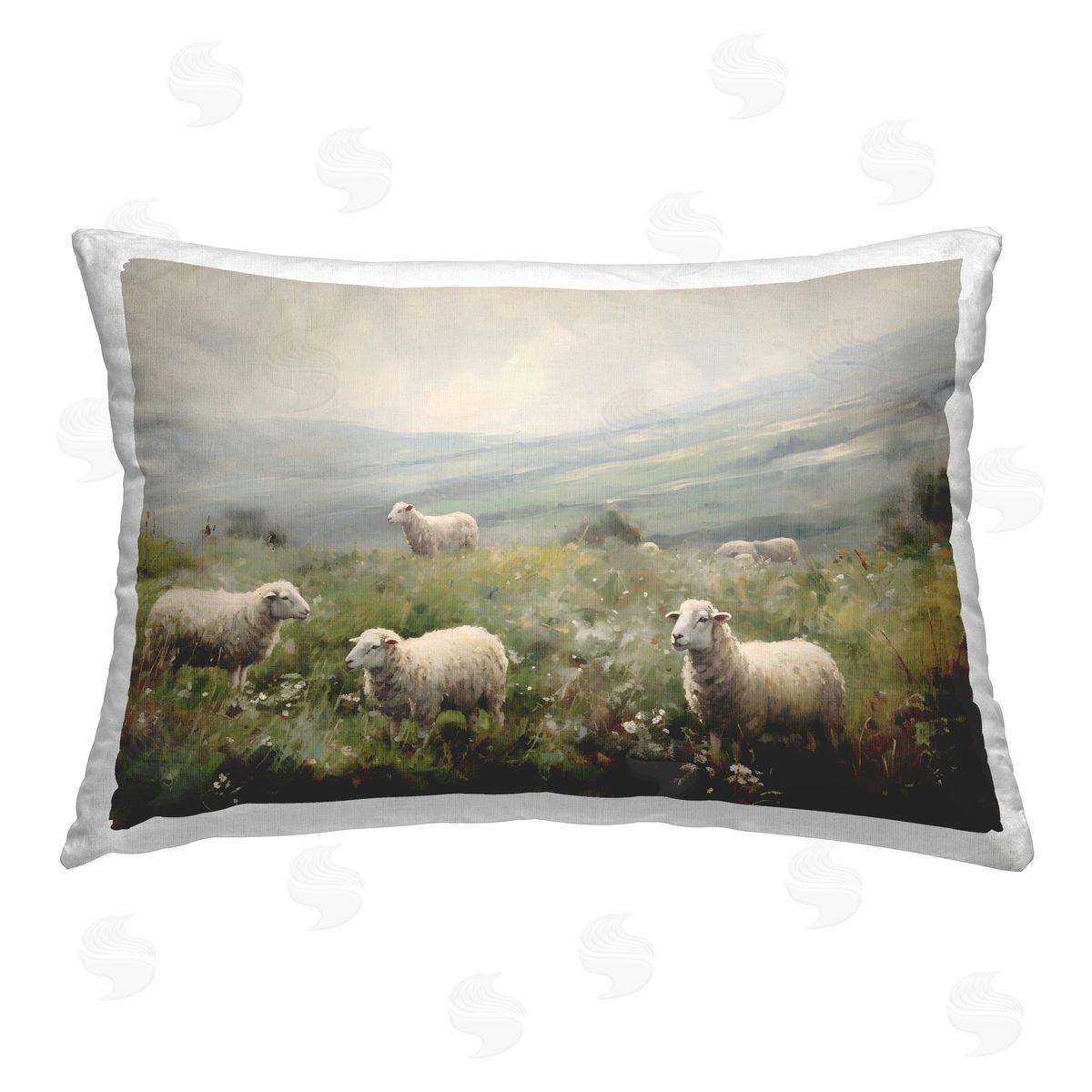 Petal Prints Design Misty Sheep Pasture Printed Plush Polyester Throw Pillow