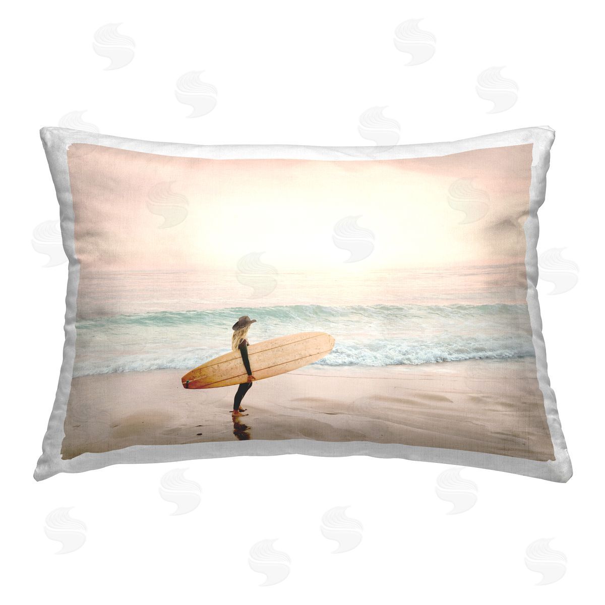 Sisi and Seb Surfer Cowgirl on Beach Printed Plush Polyester Throw Pillow
