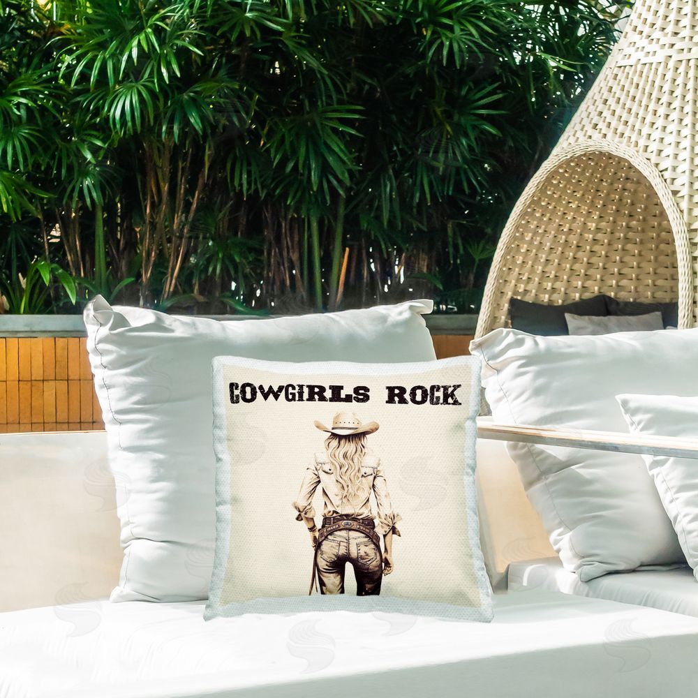 Karen Smith Cowgirls Rock Phrase Outdoor Quick-Dry Polyester Printed Throw Pillow in Back Yard