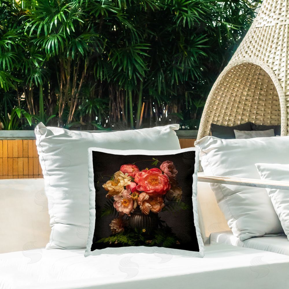 Leah McLean Peonies & Ferns Bouquet Outdoor Quick-Dry Polyester Printed Throw Pillow in Back Yard
