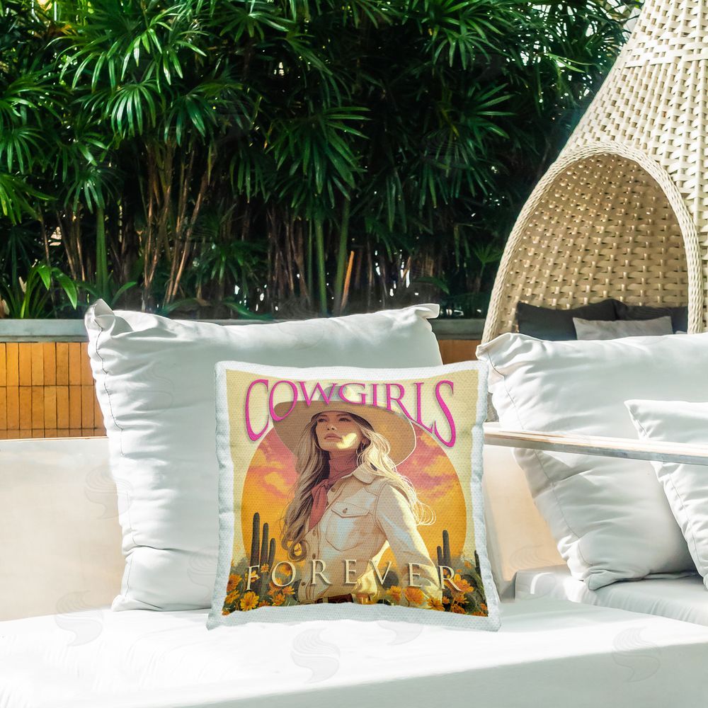 Steve Hunziker Cowgirls Forever Portrait Outdoor Quick-Dry Polyester Printed Throw Pillow in Back Yard