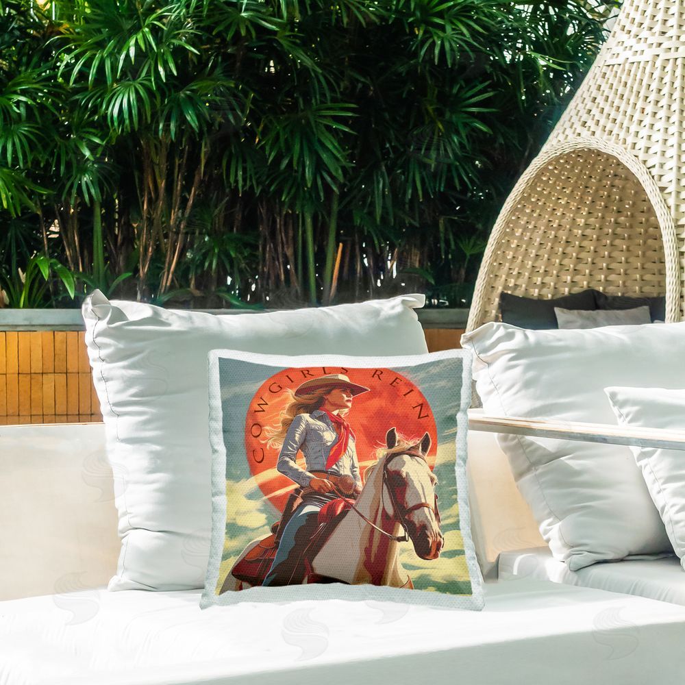 Steve Hunziker Cowgirls Rein Portrait Outdoor Quick-Dry Polyester Printed Throw Pillow in Back Yard