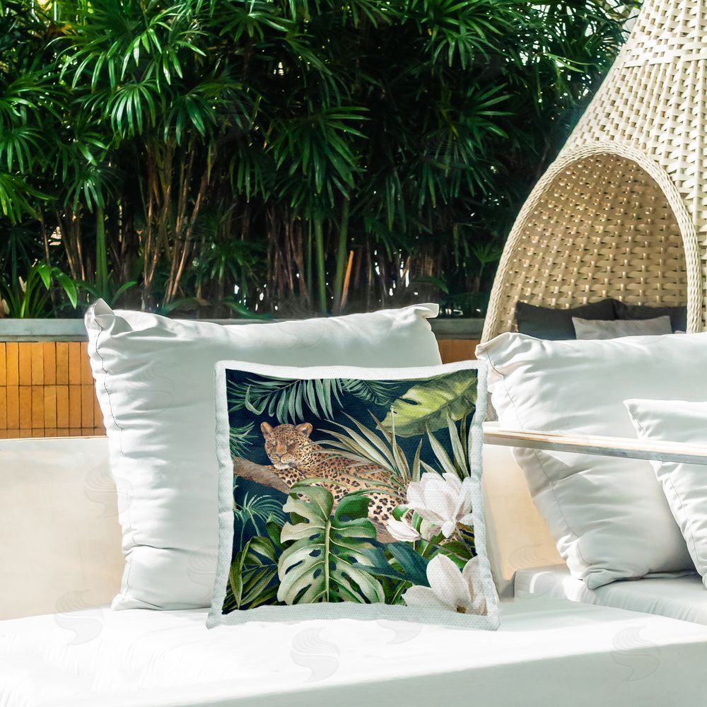 Eli Jones Tropical Jungle Leopard Outdoor Quick-Dry Polyester Printed Throw Pillow in Back Yard