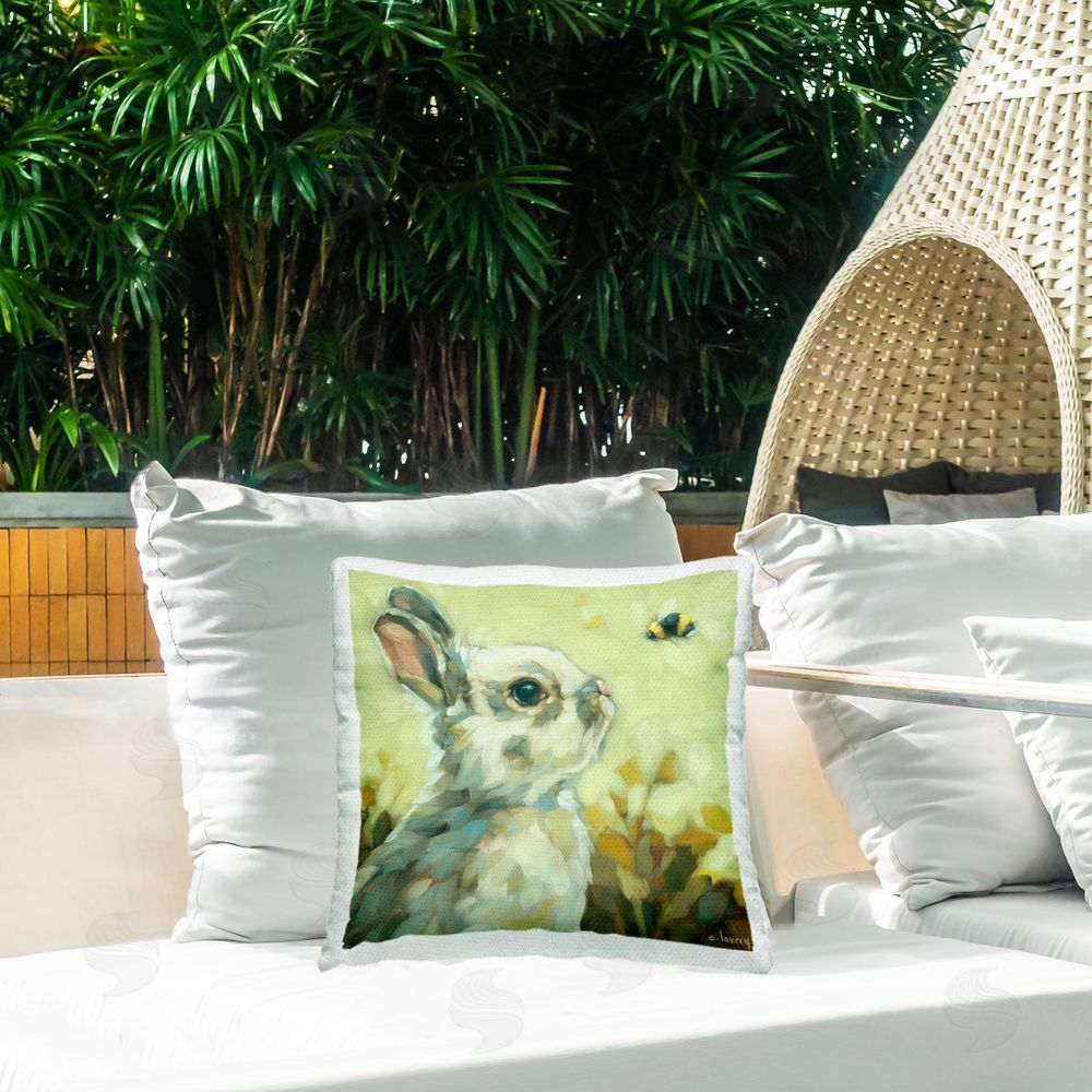 Andrea Lavery Bunny Eyeing Bumble Bee Outdoor Quick-Dry Polyester Printed Throw Pillow in Back Yard