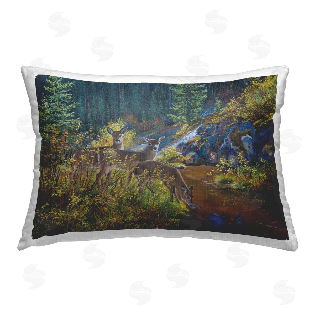 Andrew Kiss Deer Drinking from River Printed Plush Polyester Throw Pillow