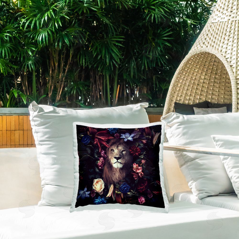Reinders Lion & Dark Blooms Outdoor Quick-Dry Polyester Printed Throw Pillow in Back Yard