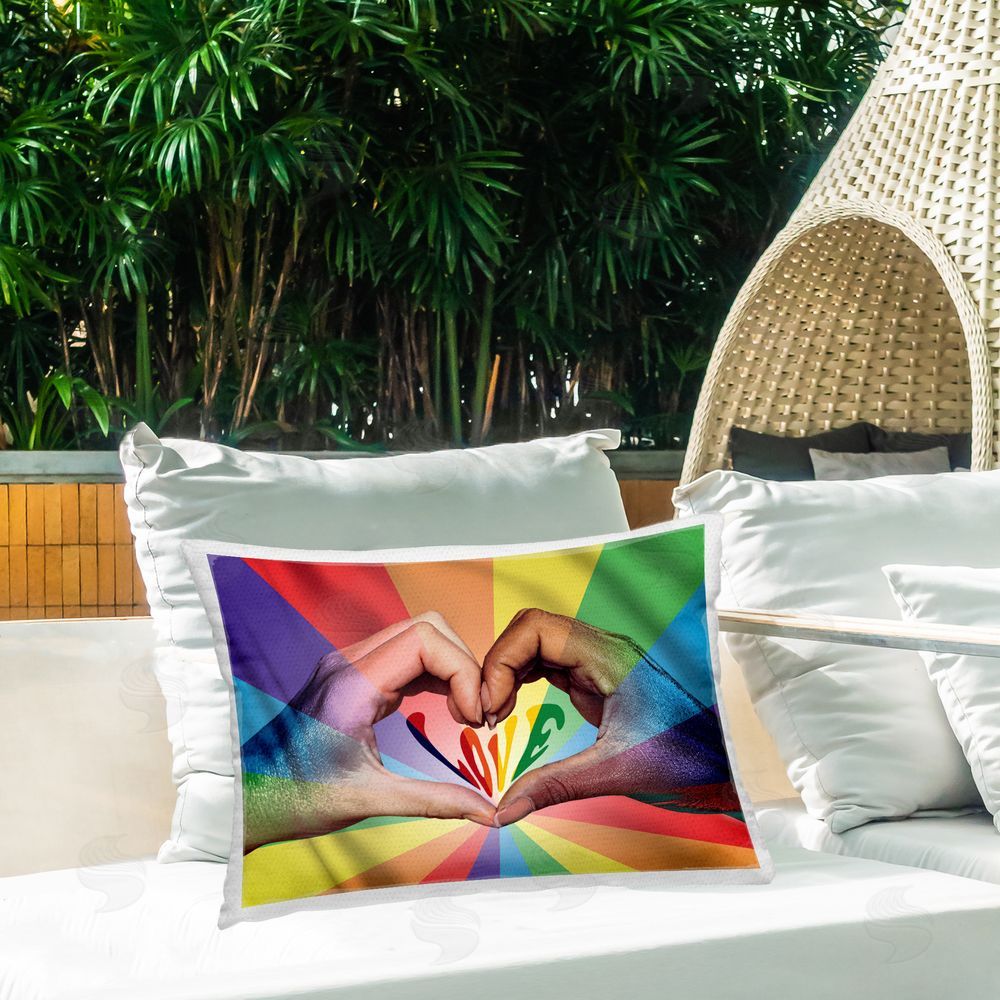Reinders Rainbow Love Hands Symbol Outdoor Quick-Dry Polyester Printed Throw Pillow in Back Yard