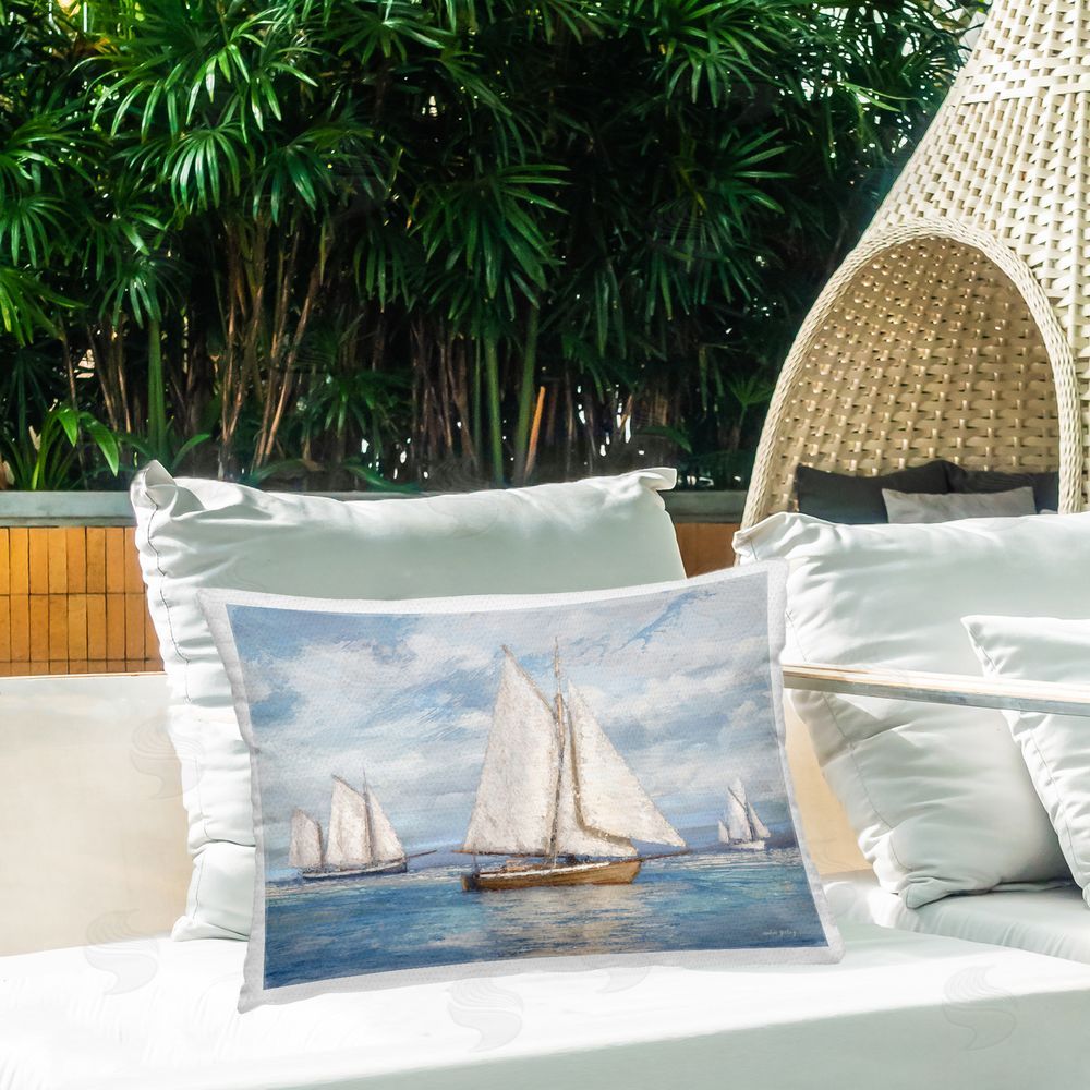 Amber Sterling Sailboat Trio Impression Outdoor Quick-Dry Polyester Printed Throw Pillow in Back Yard