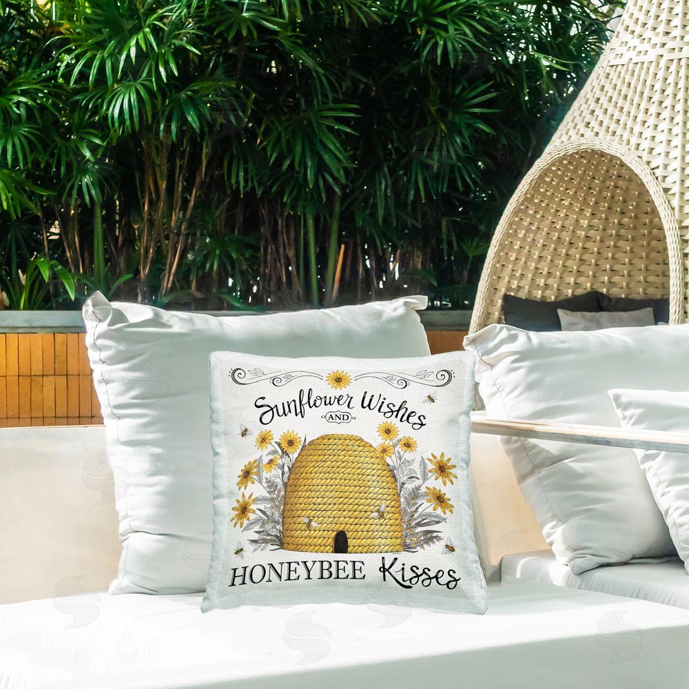 Elizabeth Tyndall Sunflower Wishes Honeybee Kisses Outdoor Quick-Dry Polyester Printed Throw Pillow in Back Yard