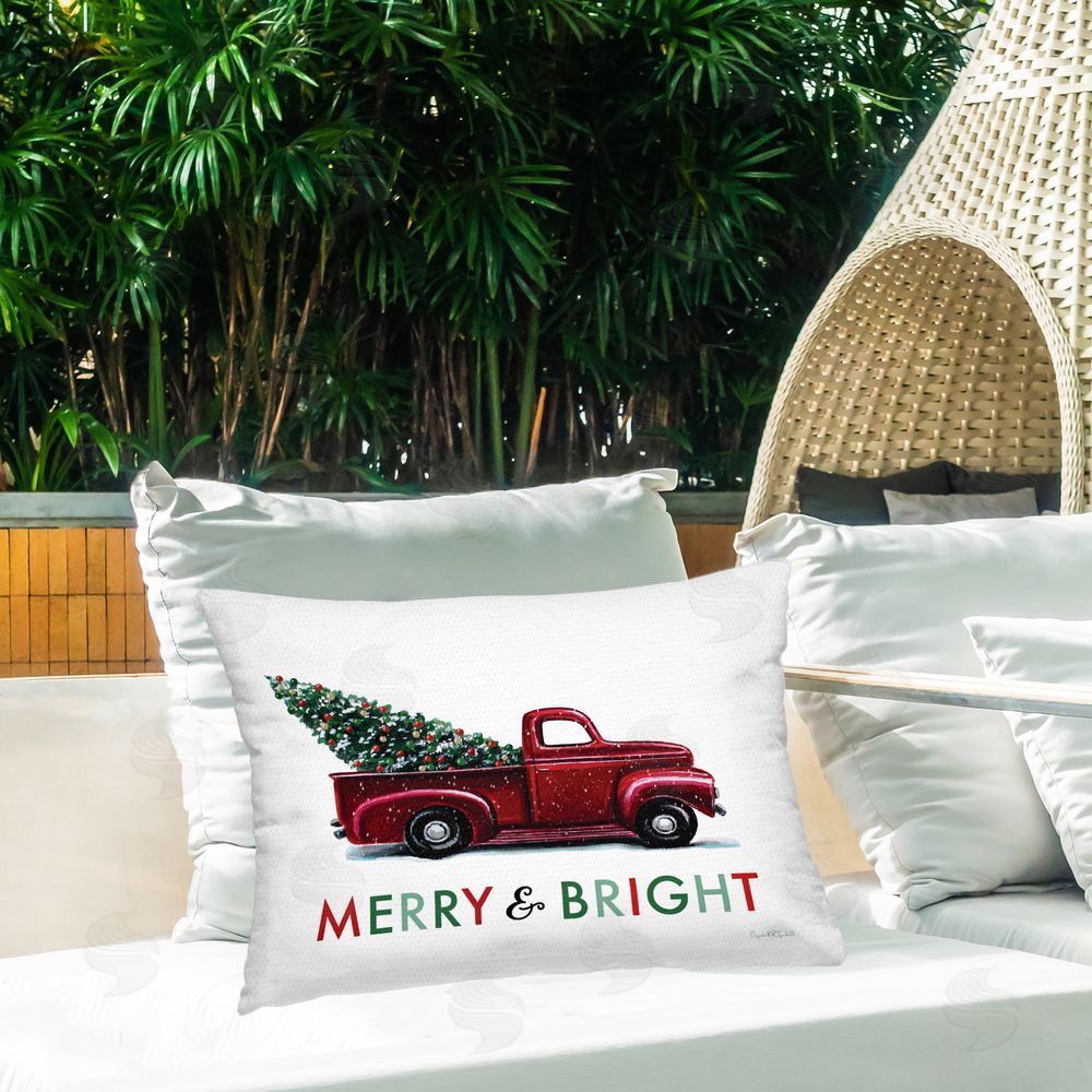 Elizabeth Tyndall Merry Bright Christmas Truck Outdoor Quick-Dry Polyester Printed Throw Pillow in Back Yard