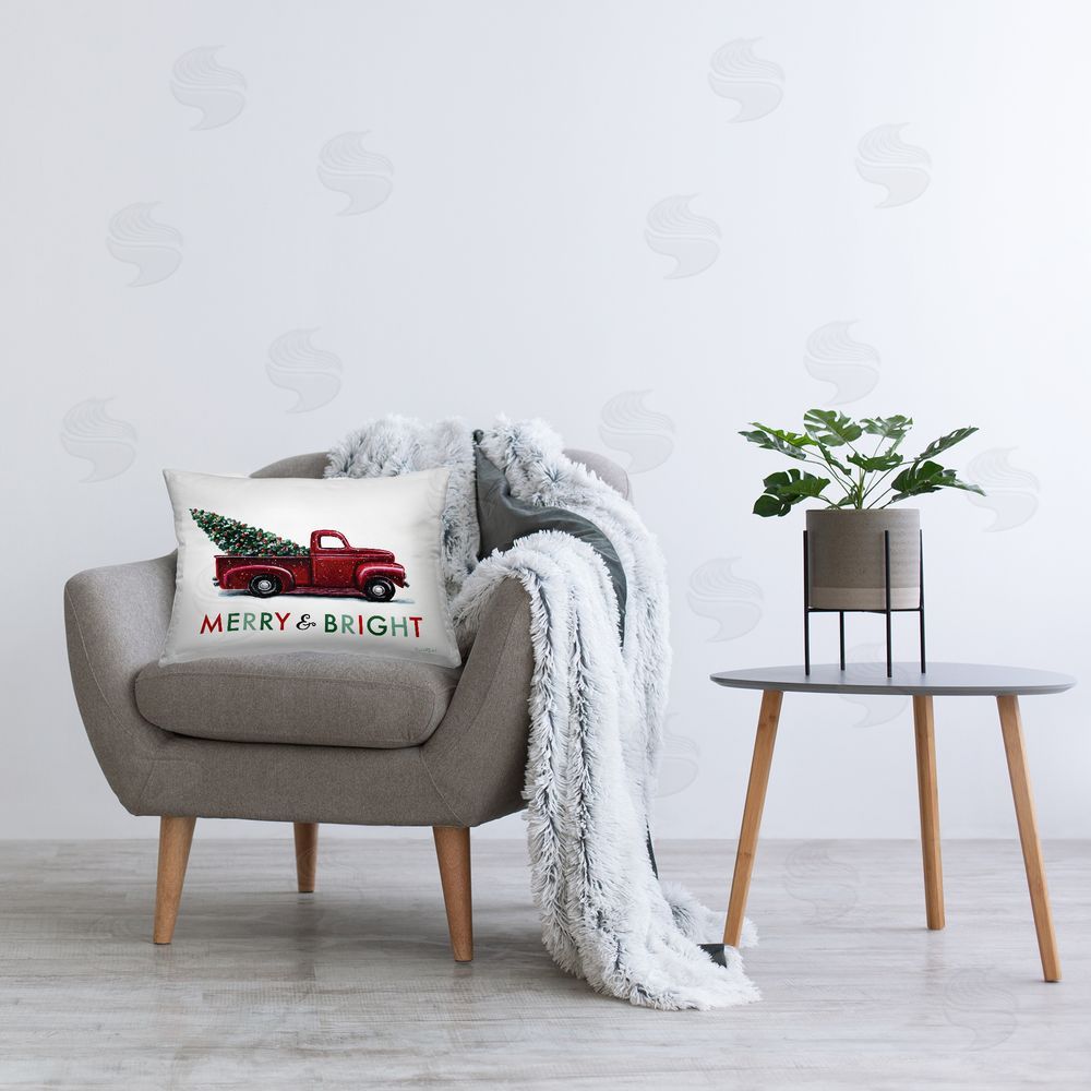 Elizabeth Tyndall Merry Bright Christmas Truck Printed Plush Polyester Throw Pillow On Chair