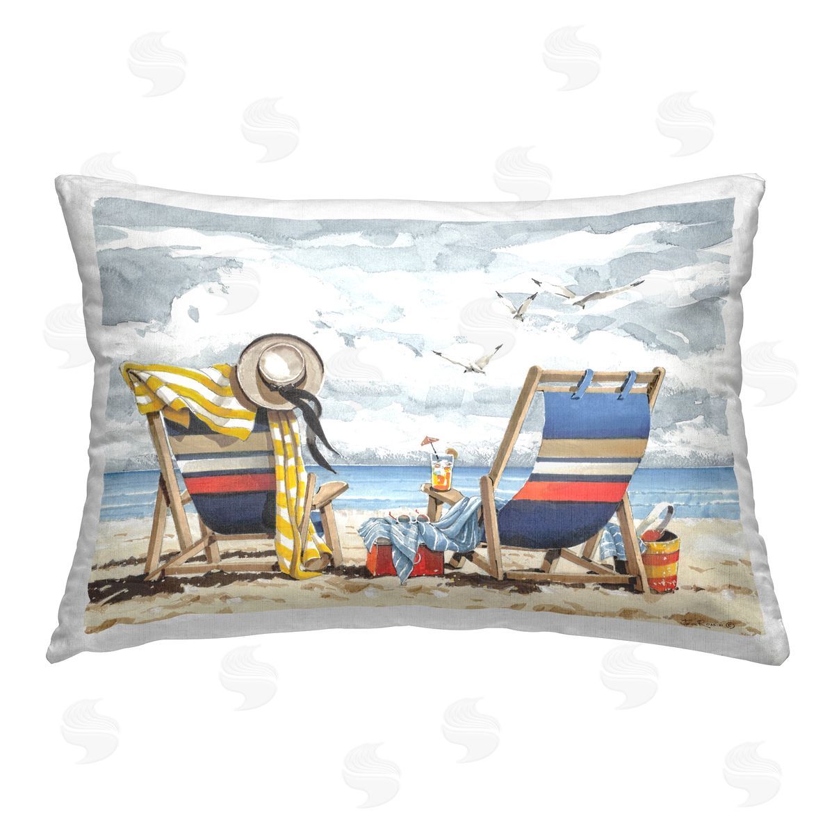 John Rossini Peaceful Beach Chairs Hangout Printed Plush Polyester Throw Pillow