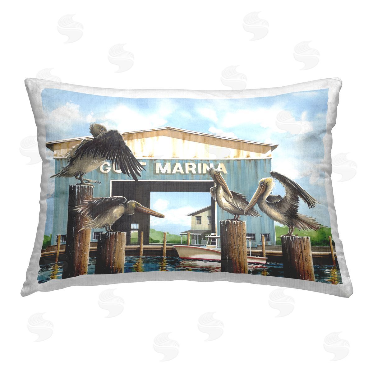 John Rossini Boat Marina Pelicans Printed Plush Polyester Throw Pillow