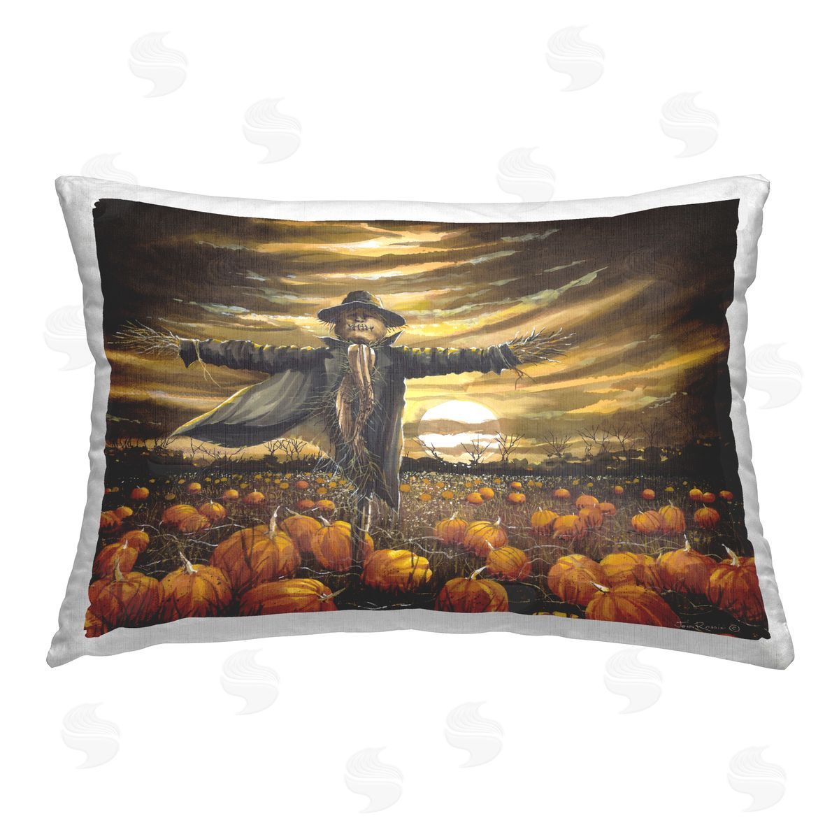 John Rossini Scarecrow in Pumpkin Field Printed Plush Polyester Throw Pillow