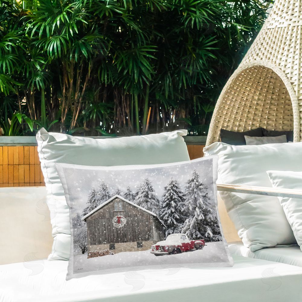 Lori Deiter Snow Covered Farm Scene Outdoor Quick-Dry Polyester Printed Throw Pillow in Back Yard
