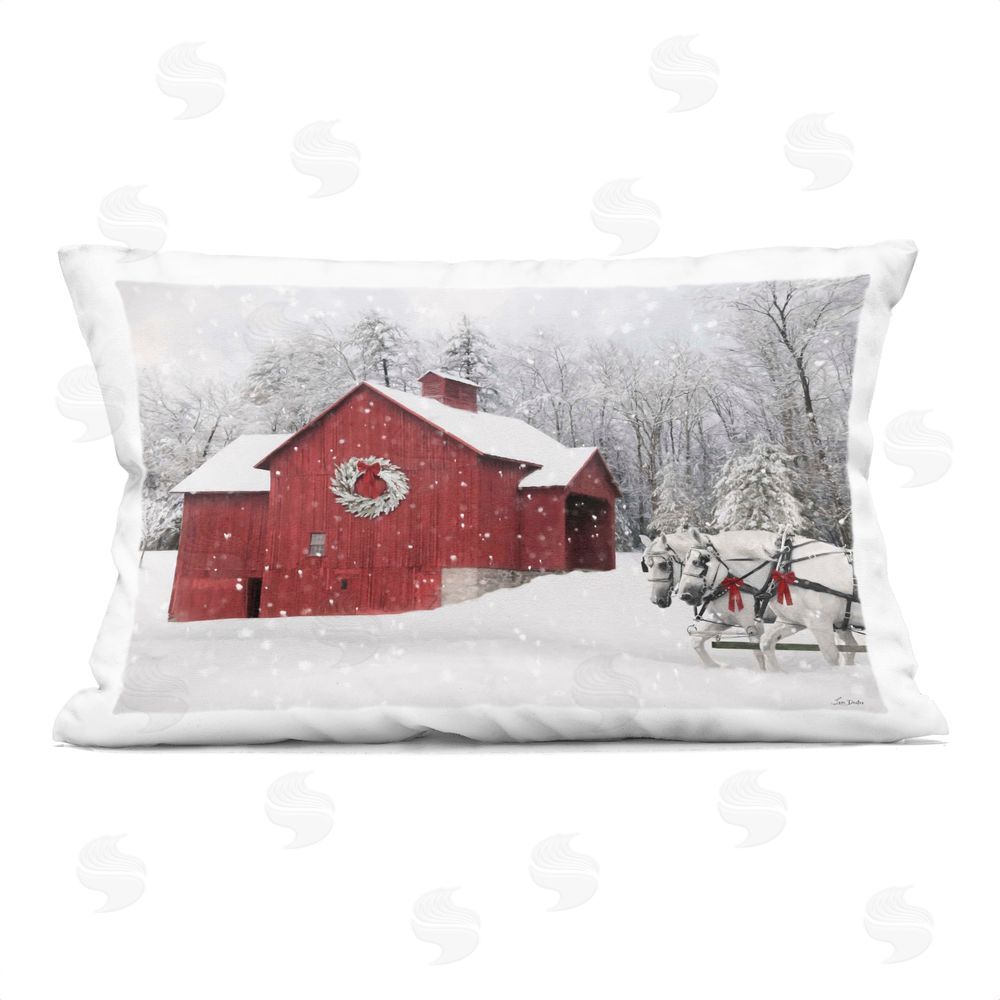 Lori Deiter Snow Covered Red Barn Printed Plush Polyester Throw Pillow