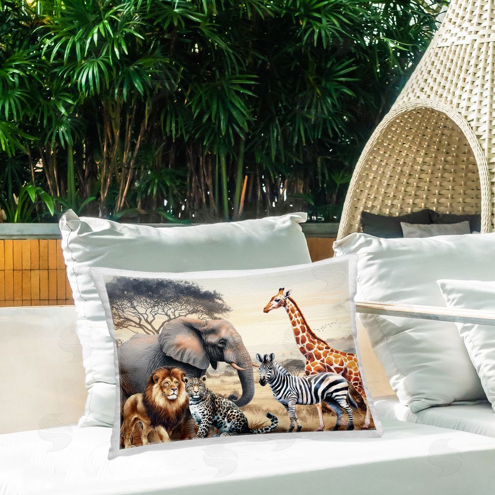 Nicole DeCamp Grouped Jungle Animals Outdoor Quick-Dry Polyester Printed Throw Pillow in Back Yard