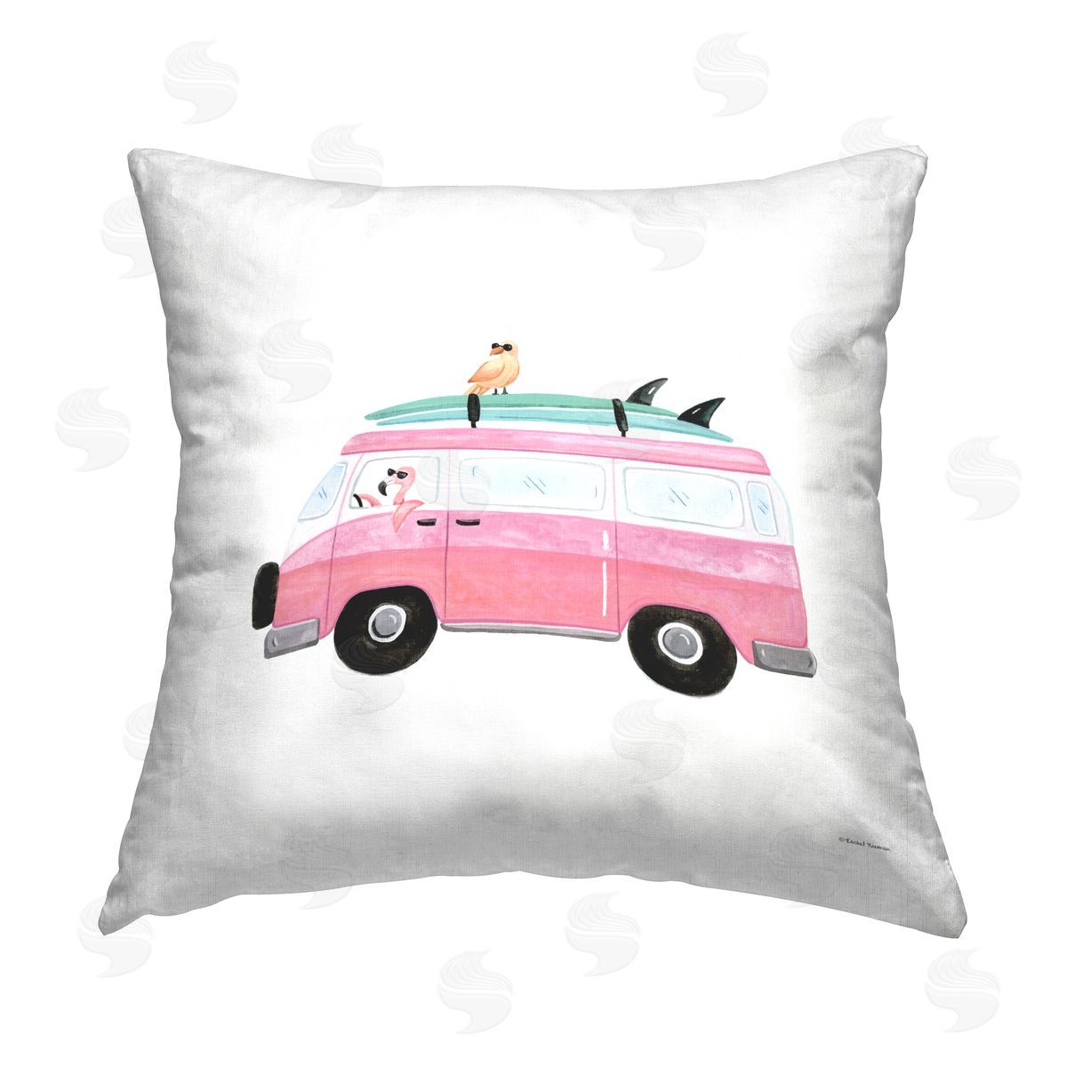 Rachel Nieman Summer Birds & Van Printed Plush Polyester Throw Pillow