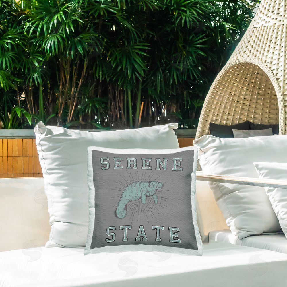 Spirit Animals/Life Is High Serene State Manatee Outdoor Quick-Dry Polyester Printed Throw Pillow in Back Yard