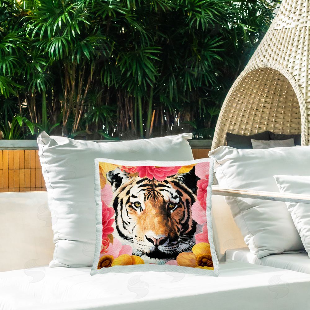 Vivian Rhyan Tiger on Dahlia Florals Outdoor Quick-Dry Polyester Printed Throw Pillow in Back Yard
