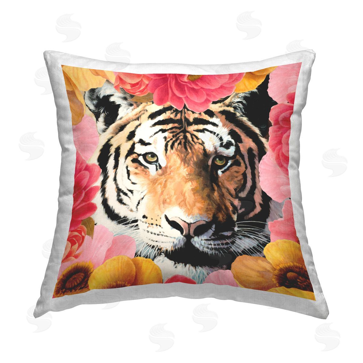 Vivian Rhyan Tiger on Dahlia Florals Printed Plush Polyester Throw Pillow