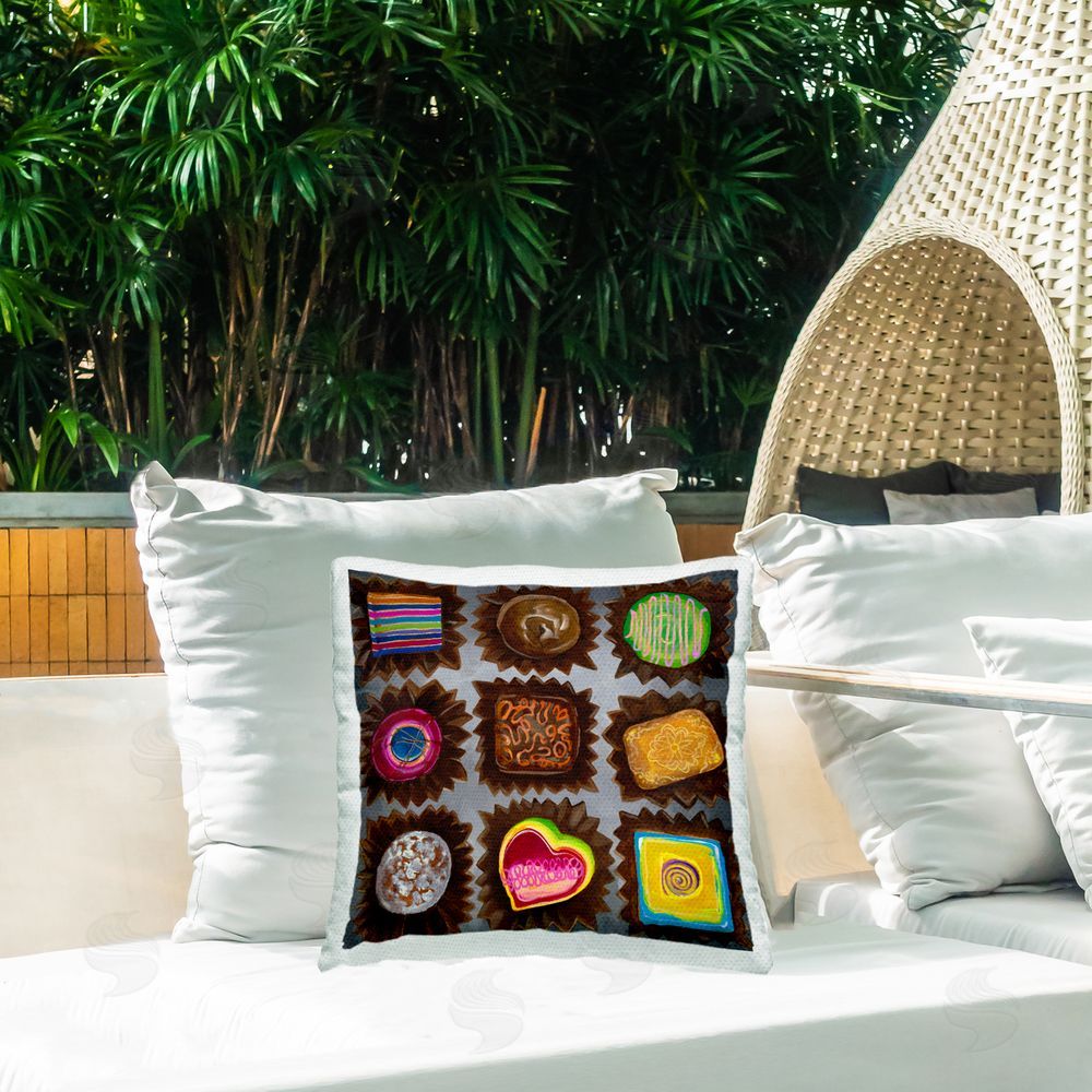Liz Jardine Various Dessert Chocolates Outdoor Quick-Dry Polyester Printed Throw Pillow in Back Yard