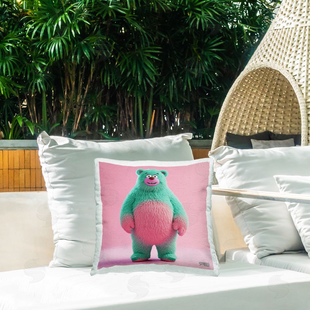 RB Smiling Green Bear Outdoor Quick-Dry Polyester Printed Throw Pillow in Back Yard