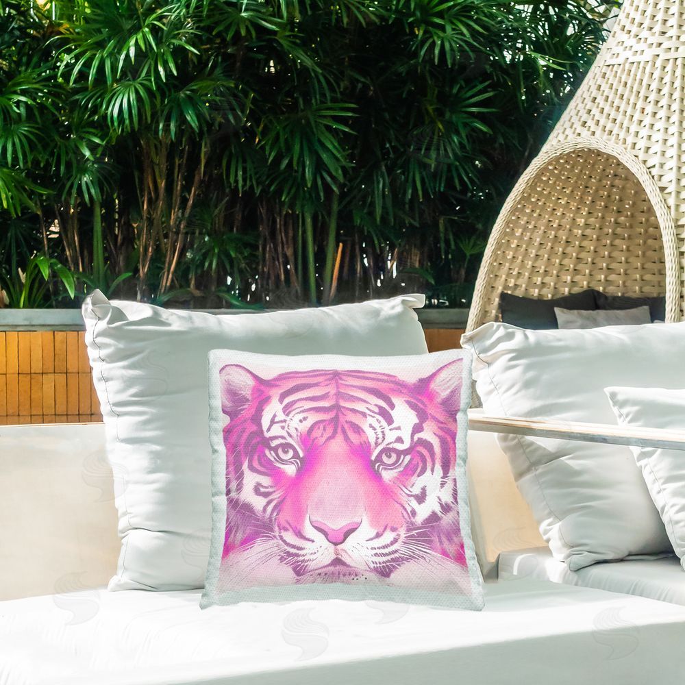 Stupell Studio Pink Tiger Face Outdoor Quick-Dry Polyester Printed Throw Pillow in Back Yard
