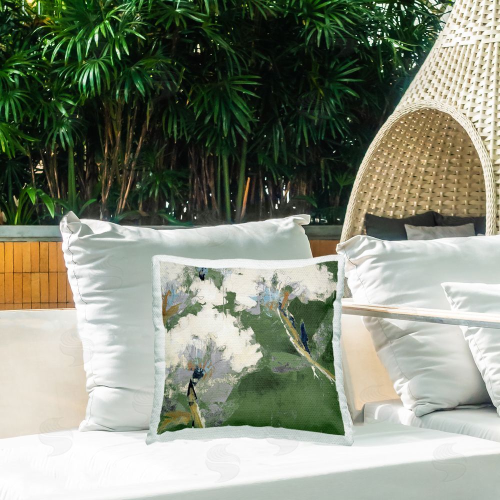 Liz Jardine Green & White Botanicals Outdoor Quick-Dry Polyester Printed Throw Pillow in Back Yard