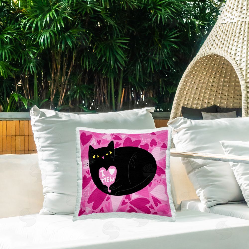 Leeza Hernandez I Love Mew Black Cat Outdoor Quick-Dry Polyester Printed Throw Pillow in Back Yard
