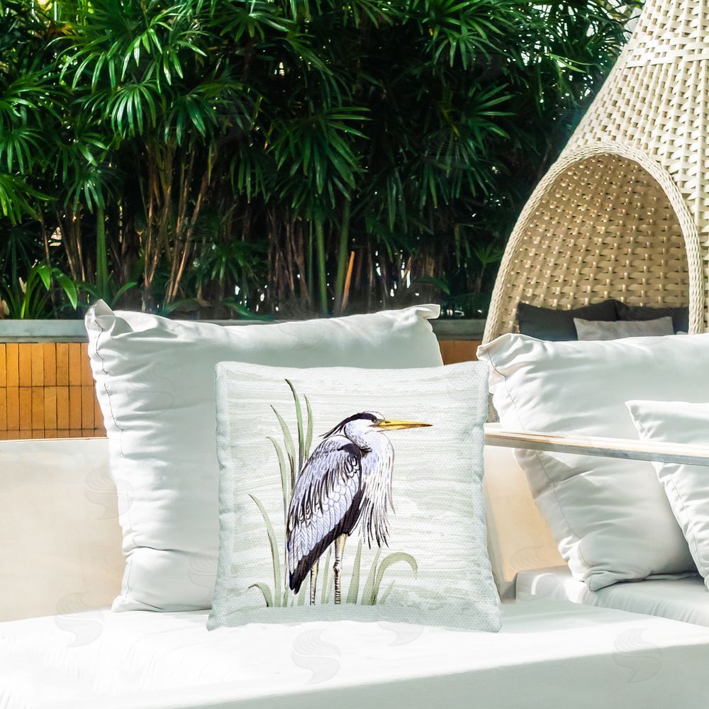 Elena Vladykina Beach Bird Elegant Heron Outdoor Quick-Dry Polyester Printed Throw Pillow in Back Yard